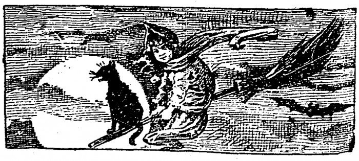 Illustration of a little witch flying a broom, from Cincinnati Enquirer 29 October 1899