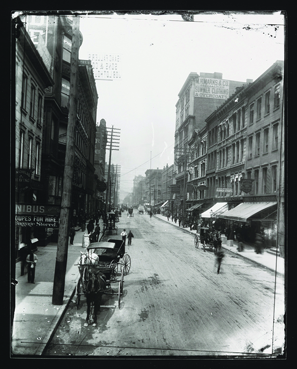 Fourth and Race Streets, gelatin silver contact print, 2013, from glass-plate negative, 1888 or 1889.